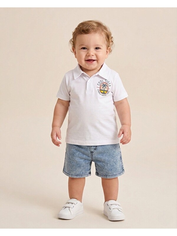 Ege Bebek Erkek Bebek Yazlık Jean Şortlu Baskılı Polo Yaka T-shirtli 2'li Takım