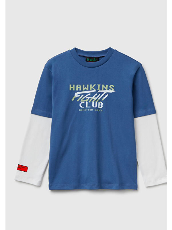 United Colors Of Benetton Erkek Çocuk Mavi %100 Pamuk Stranger Things Çift Kollu Baskılı Uzun Kollu T-Shirt