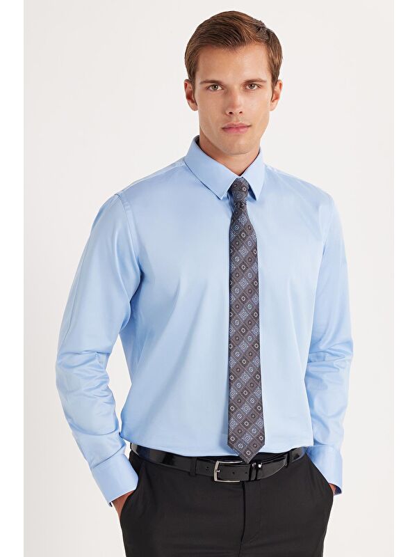 TUDORS Erkek Slim Fit  Premium Elastanlı Pamuk Saten Mavi Gömlek