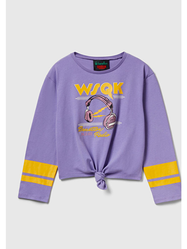 United Colors Of Benetton Kız Çocuk Lila %100 Pamuk Stranger Things Ön Düğüm Detaylı Kol Şerit Baskılı T-Shirt