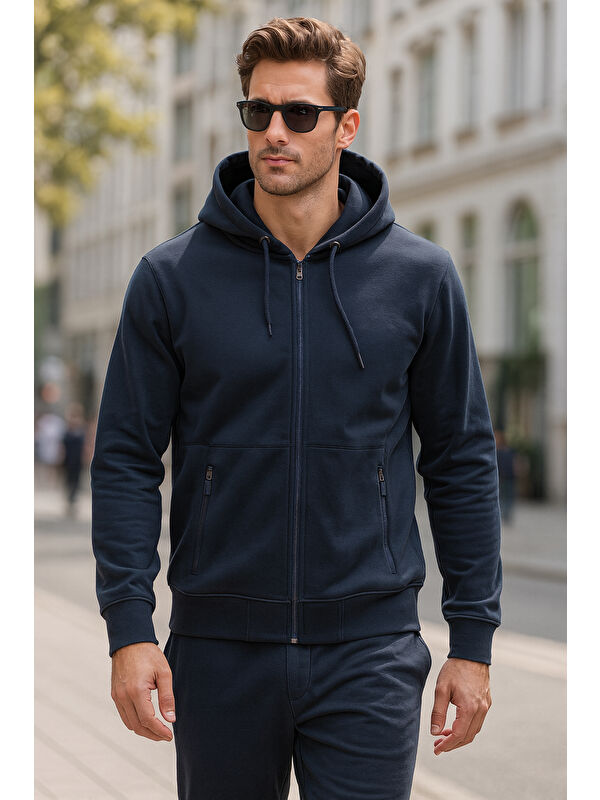 Remsa Kapüşonlu Tek Üst Erkek Fermuarlı Sweatshirt Hırka REU-25723 Lacivert