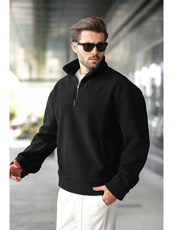 Madmext Siyah Yarım Fermuarlı Dik Yaka Polar Sweatshirt E7165
