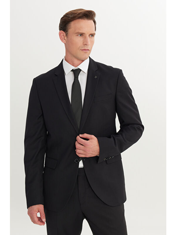 Altınyıldız Classics Erkek Siyah Slim Fit Dar Kesim Mono Yaka Armürlü Esnek Takım Elbise