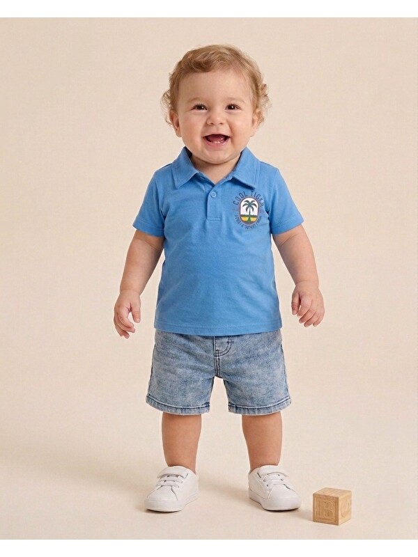 Ege Bebek Erkek Bebek Yazlık Jean Şortlu Baskılı Polo Yaka T-shirtli 2'li Takım