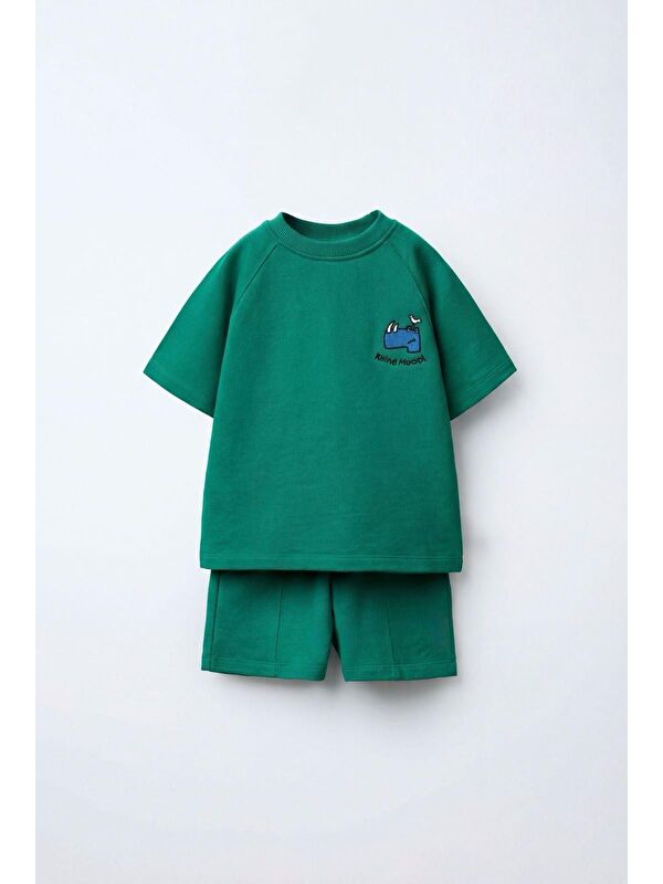 Magu Unisex Çocuk Pamuklu Yeşil Gergedan Nakışlı T-Shirt Şort Takım