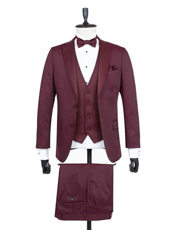 İMZA Bordo Armürlü Mono Yaka Astarlı Yelekli 6 Drop Slim Fit Smokin Damatlık 1001195219