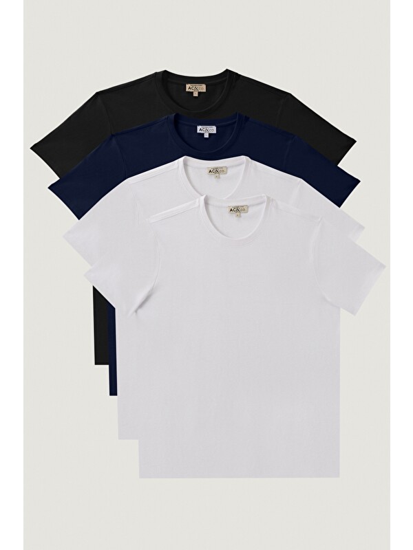 AC&Co / Altınyıldız Classics Erkek Beyaz-Beyaz-Siyah-Lacivert Slim Fit 4'lü Tişört Paket
