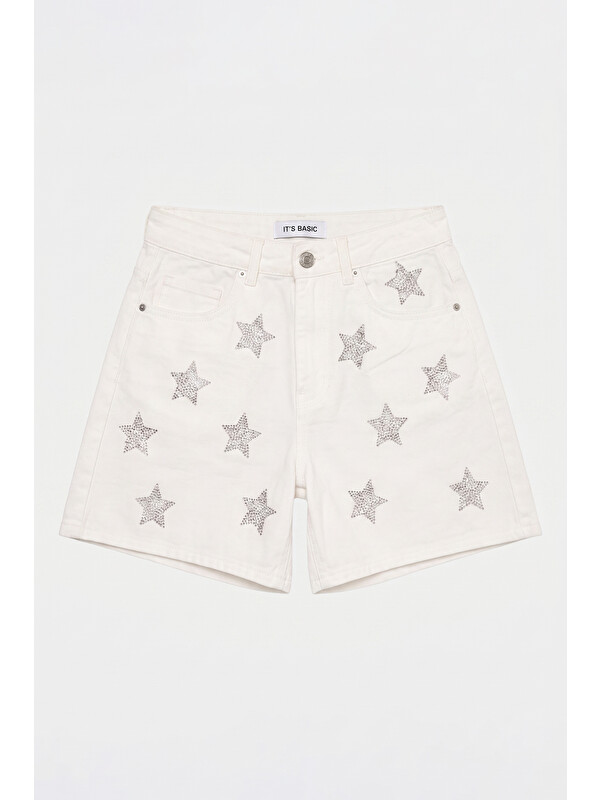 It's Basic Kadın Kırık Beyaz T-7s6-101 Mom Relax Yıldız Detaylı Tasarım Denim Şort