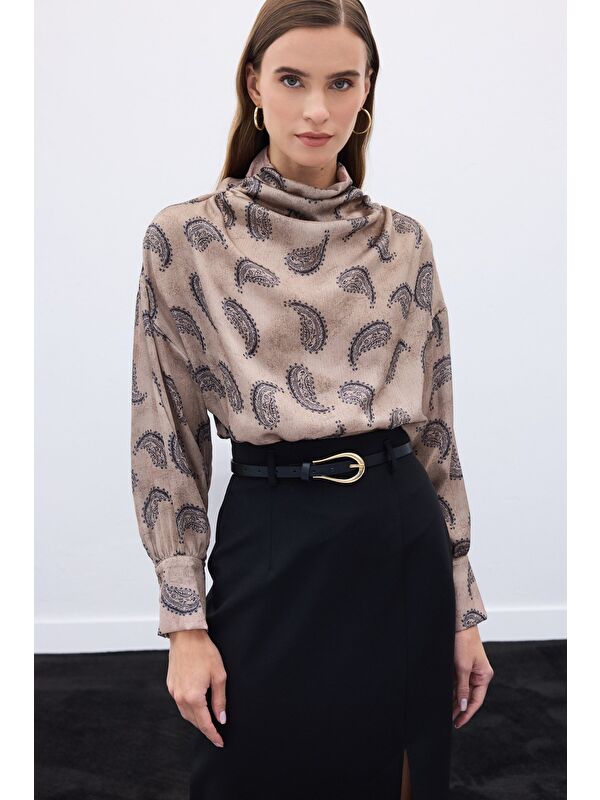 SATEEN Degaje Yaka Desenli Bluz - Vizon