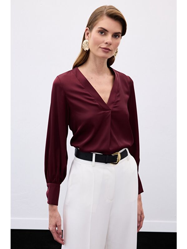SATEEN V Yaka Saten Bluz - Bordo