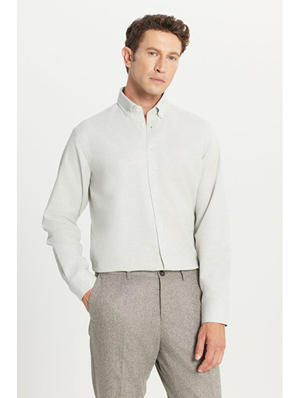 AC&Co / Altınyıldız Classics Erkek Gri %100 Pamuk Comfort Fit Rahat Kesim Düğmeli Yaka Flanel Gömlek
