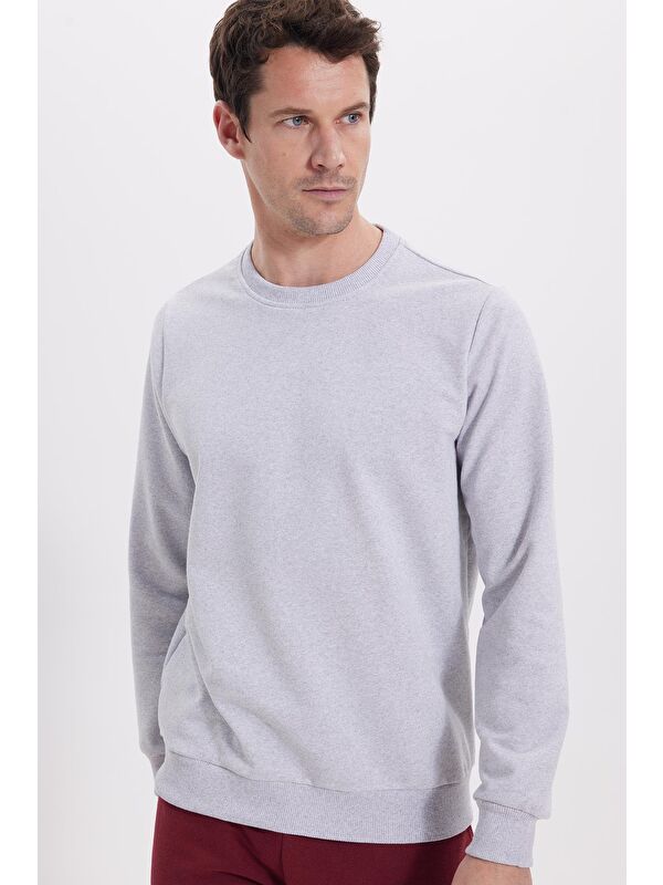 TUDORS Erkek Relax Fit Rahat Kesim %100 Pamuk 2 İplik Bisiklet Yaka Gri Sweatshirt