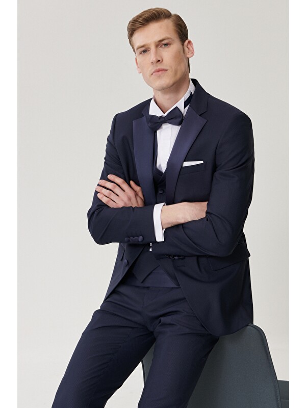 Altınyıldız Classics Erkek Lacivert Slim Fit Yelekli Smokin Damatlık