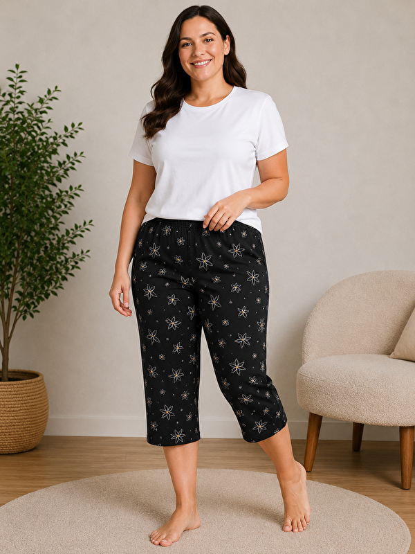 Formo Kadın Battal Kaliteli Bambu Milan Kumaş Desenli Yumuşak Esnek Büyük Beden Pijama Kapri