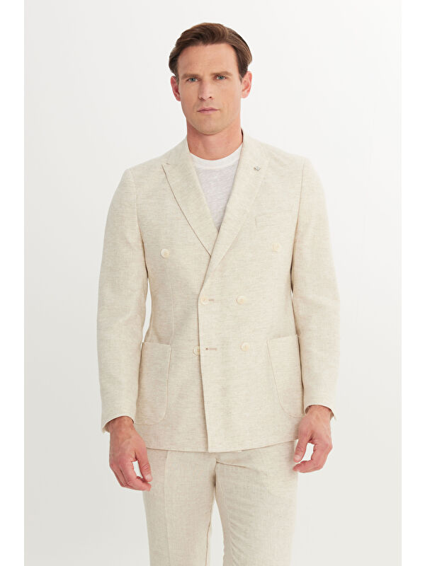 Altınyıldız Classics Erkek Bej Keten Slim Fit Dar Kesim Kırlangıç Yaka Desenli Kruvaze Takım Elbise