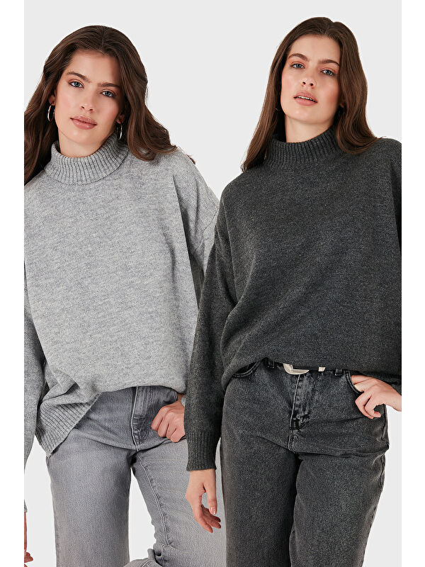 Lela Oversize Fit Balıkçı Yaka Yumuşak Dokulu 2'li Paket Triko Kazak 680KZ00469S2