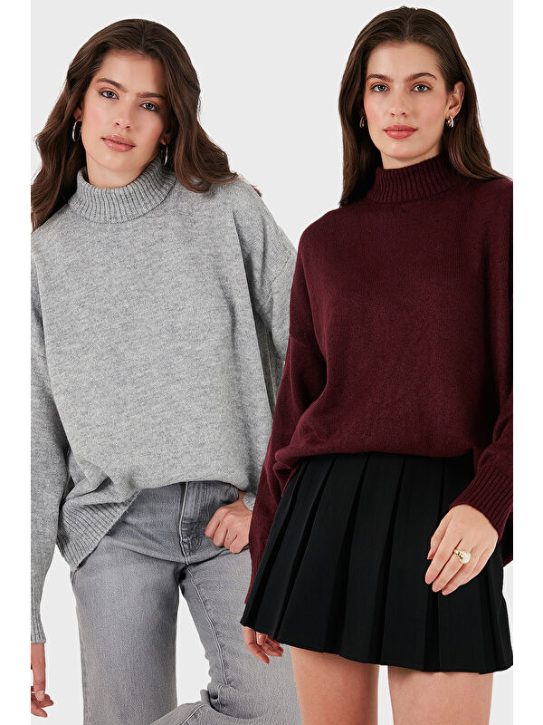 Lela Oversize Fit Balıkçı Yaka Yumuşak Dokulu 2'li Paket Triko Kazak 680KZ00469S2