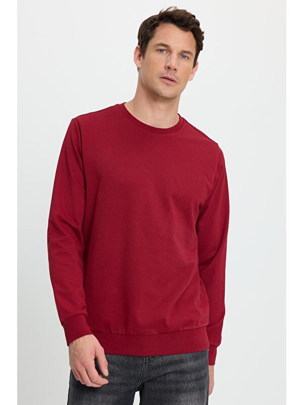 TUDORS Erkek Relax Fit Rahat Kesim %100 Pamuk 2 İplik Bisiklet Yaka Bordo Sweatshirt