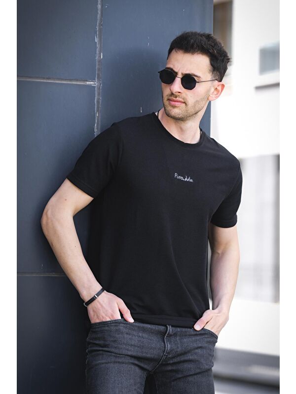 Oksit Pure Slim Fit Waffle Kumaş Bisiklet Yaka Baskılı Erkek Tişört