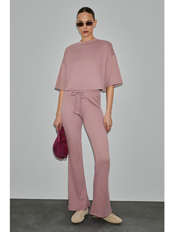 GRIMELANGE PRIME Kadın Organik Pamuklu Bisiklet Yaka Kısa Kollu Oversize Crop PEMBE T-Shirt