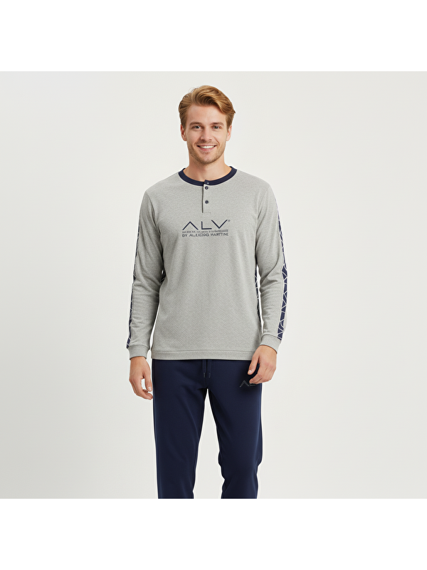 Bonbon Erkek Pamuklu Gri Melanj - Lacivert Renk Pijama Takımı Al003 V2