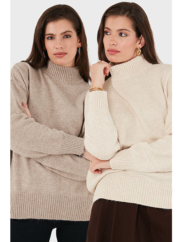 Lela Oversize Fit Balıkçı Yaka Yumuşak Dokulu 2'li Paket Triko Kazak 680KZ00469S2