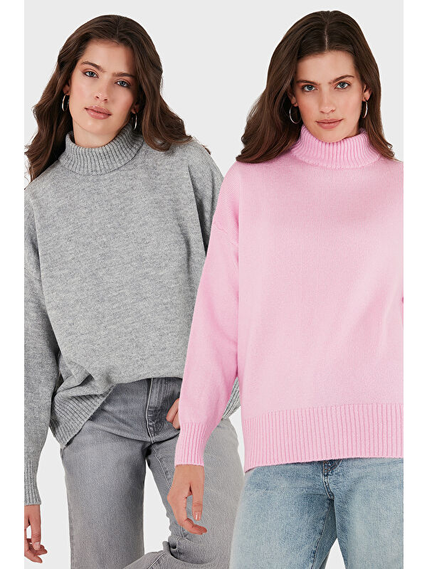 Lela Oversize Fit Balıkçı Yaka Yumuşak Dokulu 2'li Paket Triko Kazak 680KZ00469S2