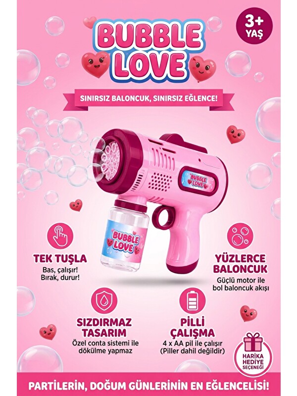 Oglo Pilli Köpük Tabancası Otomatik Baloncuk Makinesi Işıklı Sızdırmaz Köpük Üfleyici 3+ Yaş Pembe