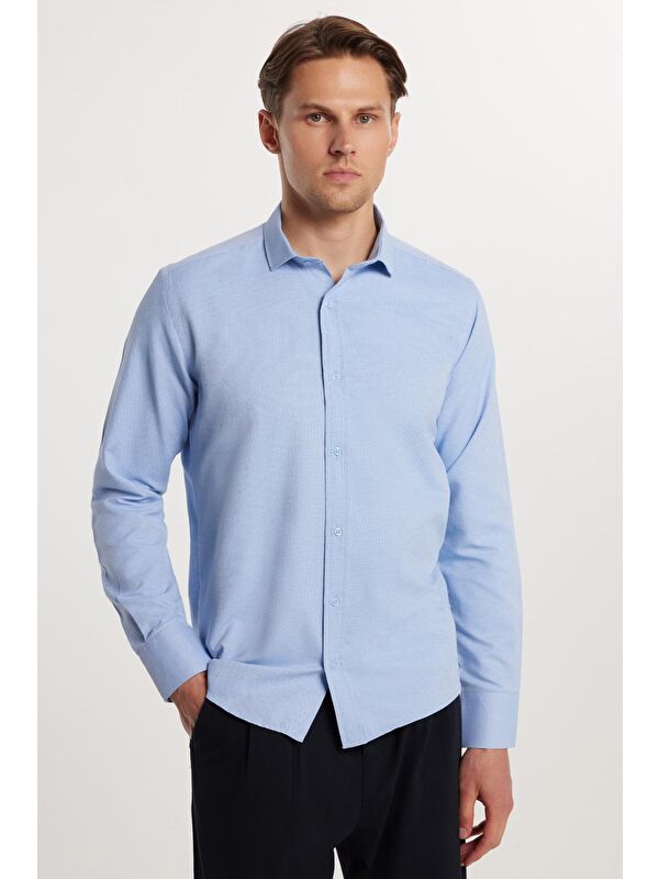 TUDORS Modern Slim Fit Pamuklu Kolay Ütü Armürlü Erkek Gömlek