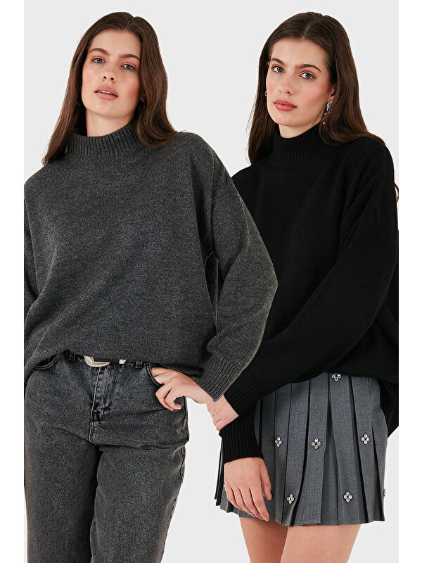 Lela Oversize Fit Balıkçı Yaka Yumuşak Dokulu 2'li Paket Triko Kazak 680KZ00469S2