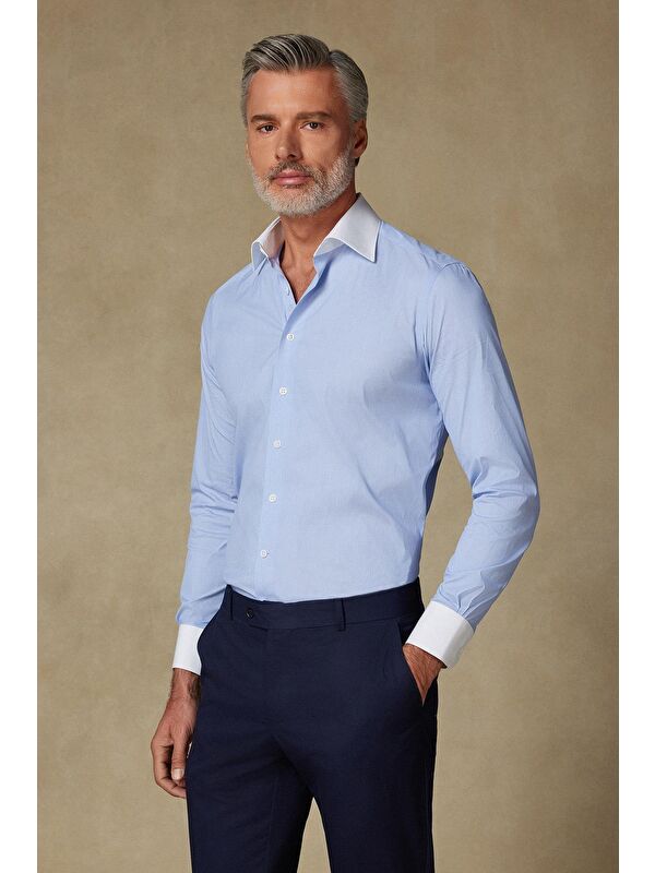 ABBATE Sartoria Poplin Stretch Pamuk Karışımlı Slim Fit Mavi İtalyan Yaka Erkek Düz Gömlek