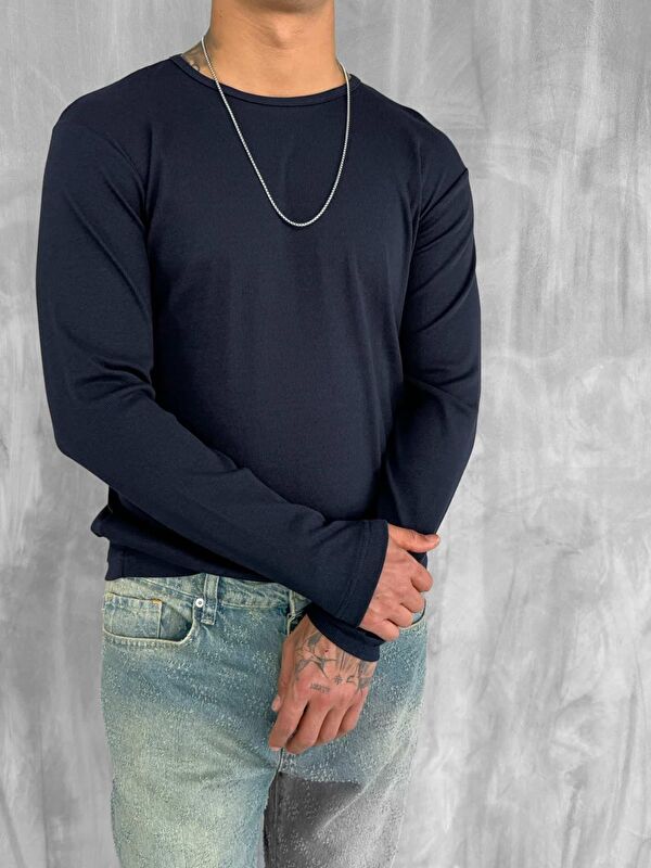 Abluka Online Erkek Slim Fit Fitilli Basic Esnek Uzun Kollu T-Shirt Lacivert