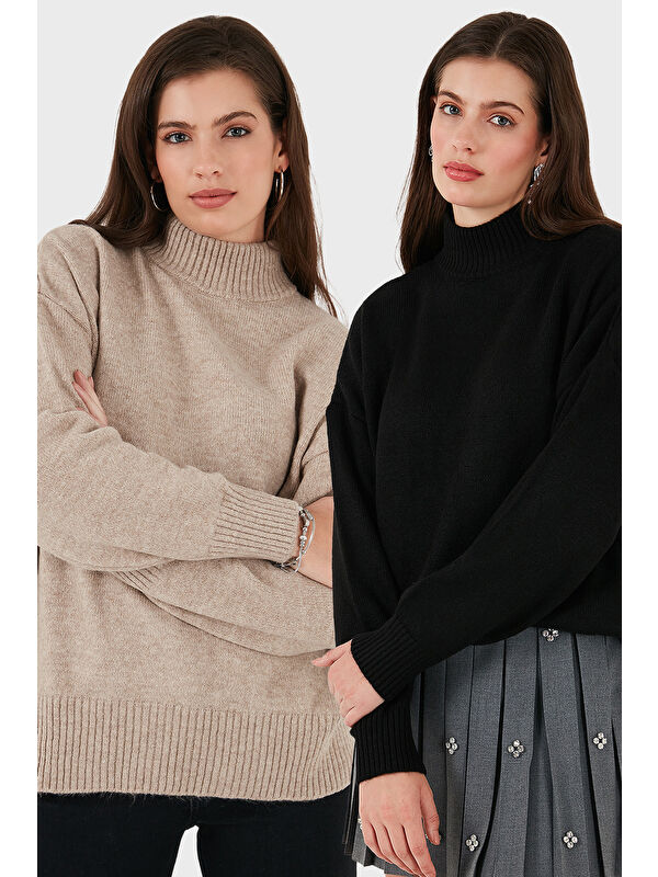 Lela Oversize Fit Balıkçı Yaka Yumuşak Dokulu 2'li Paket Triko Kazak 680KZ00469S2