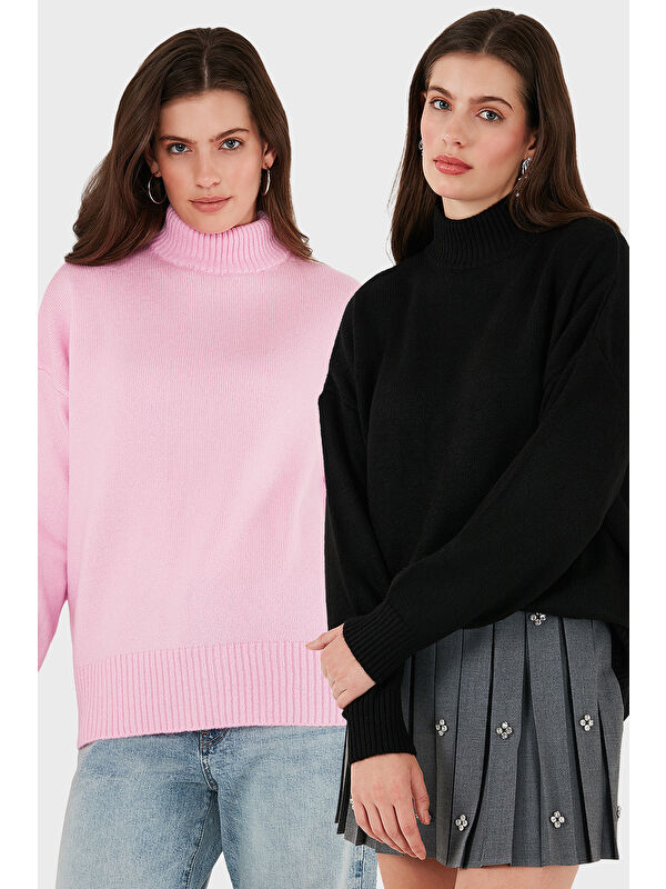 Lela Oversize Fit Balıkçı Yaka Yumuşak Dokulu 2'li Paket Triko Kazak 680KZ00469S2
