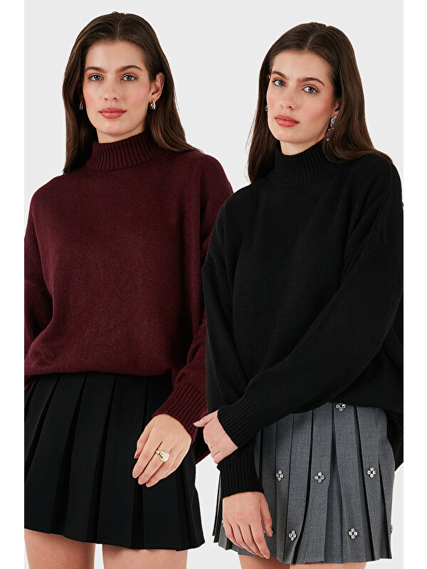 Lela Oversize Fit Balıkçı Yaka Yumuşak Dokulu 2'li Paket Triko Kazak 680KZ00469S2