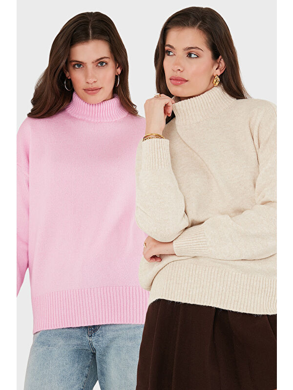 Lela Oversize Fit Balıkçı Yaka Yumuşak Dokulu 2'li Paket Triko Kazak 680KZ00469S2