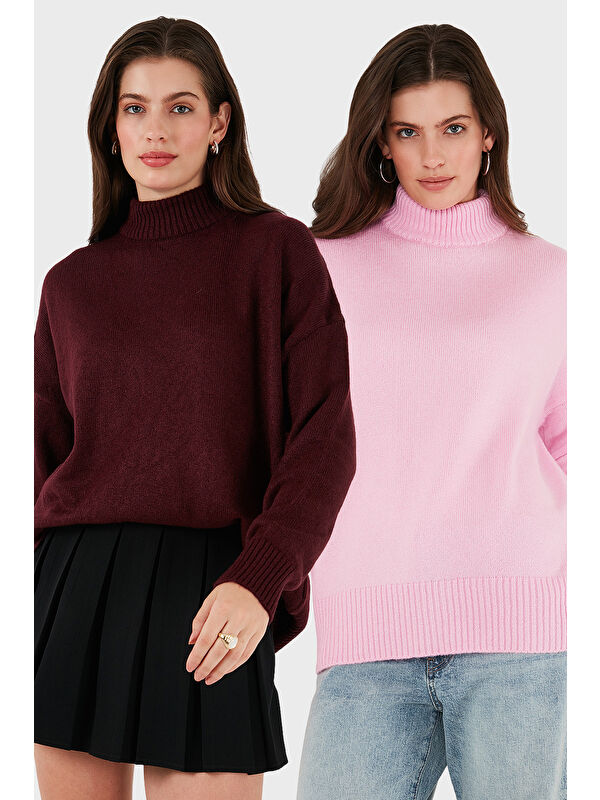 Lela Oversize Fit Balıkçı Yaka Yumuşak Dokulu 2'li Paket Triko Kazak 680KZ00469S2