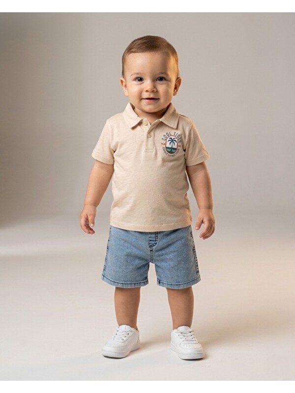 Ege Bebek Erkek Bebek Yazlık Jean Şortlu Baskılı Polo Yaka T-shirtli 2'li Takım