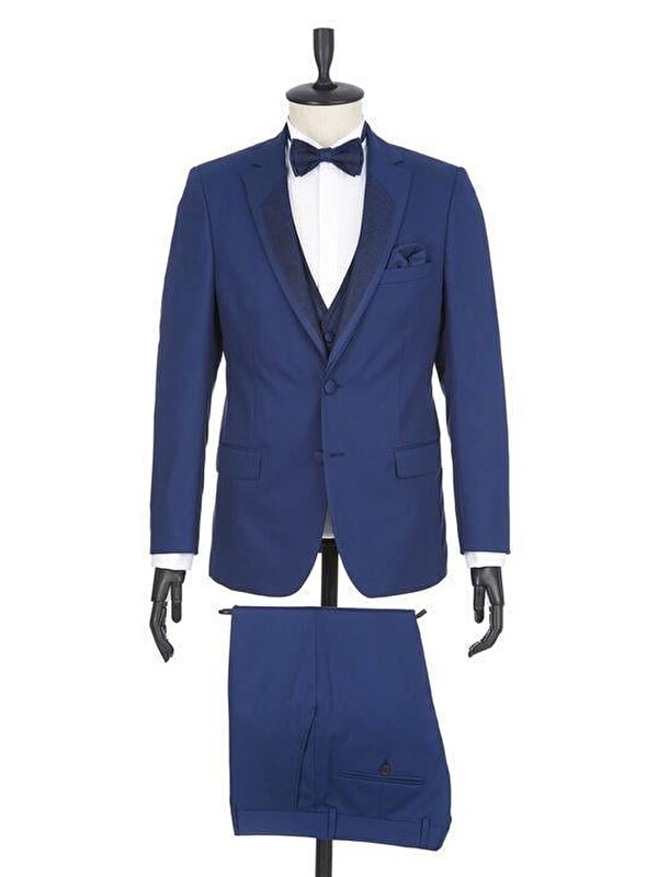 İMZA Lacivert Gabardin Mono Yaka Astarlı Yelekli 6 Drop Slim Fit Dar Kesim Smokin Damatlık 1001190166