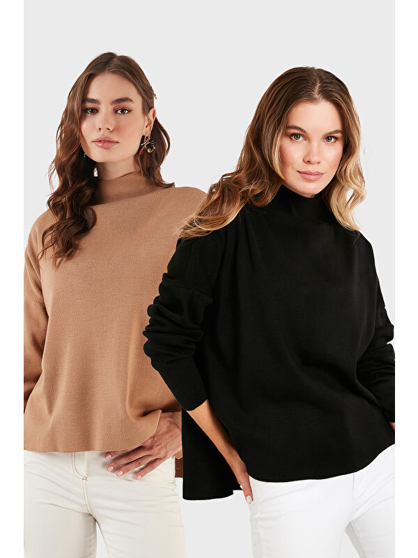 Lela Pamuklu Arkası Uzun Dik Yaka 2'li Paket Triko Kazak 4615002S2