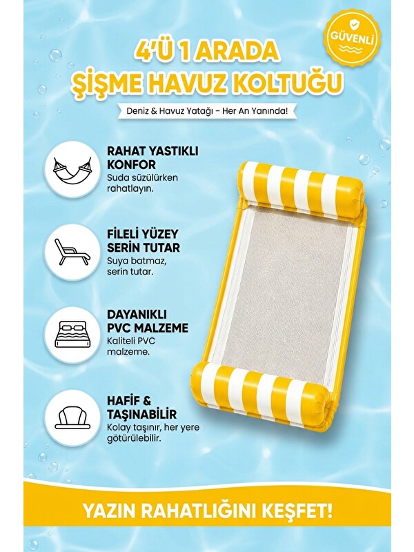 Oglo Şişme Havuz Koltuğu Hava Yastıklı Fileli 4'ü 1 Arada Deniz ve Havuz Yatağı Şezlong Sarı