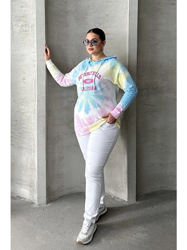Stil Diva Büyük Beden Batik Desenli Kapüşonlu Baskılı İnce Sweatshirt 303144