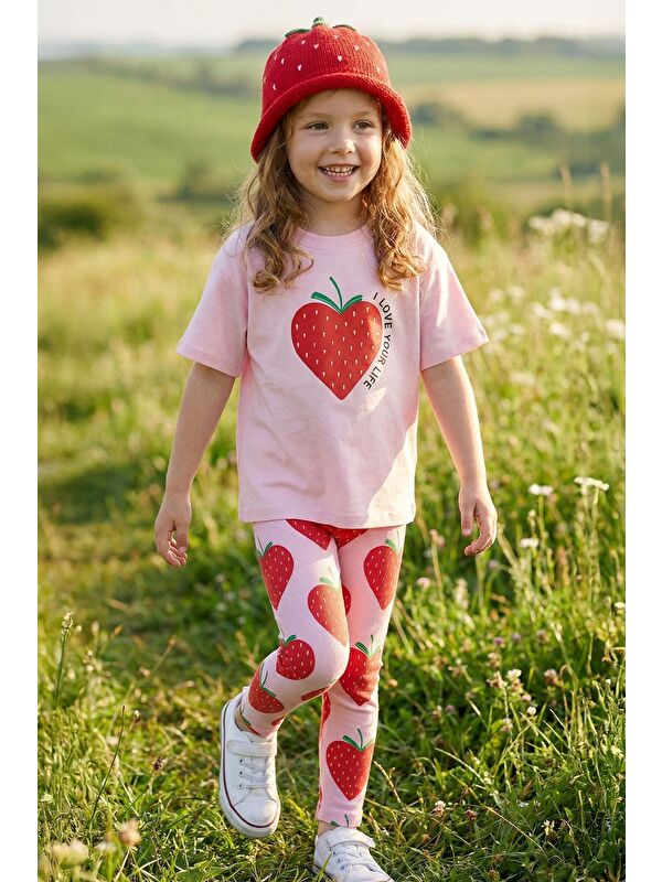 ZUZUNGA Strawberry Love Baskılı Kız Çocuk Tayt Takım – Pembe Çilek Desenli