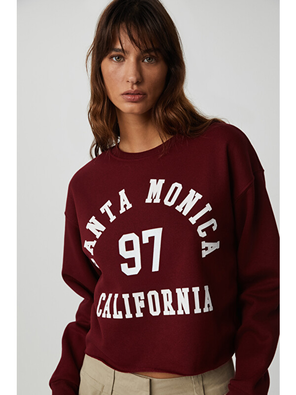GRIMELANGE JAELYN Kadın Uzun Kollu Yuvarlak Yaka Önü Baskılı Düşük Omuz Kısa BORDO Sweatshirt