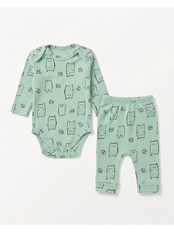 Ege Bebek %100 Pamuk 0-3-6-9-12 Aylık Baskılı Çıtçıtlı Bodyli Pantalonlu 2'li Fitilli İnce Takım