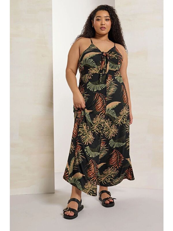 Stil Diva Büyük Beden Askılı Göğüs Dekolteli Çiçek Desenli Maxi Elbise 303485