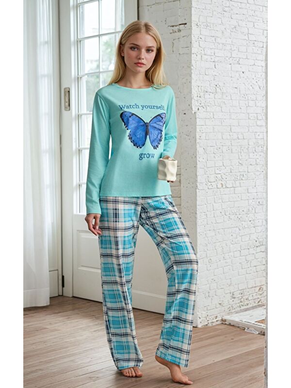 carla10 Ekose Desen Kelebek Baskılı Uzun Kol Pijama Takımı