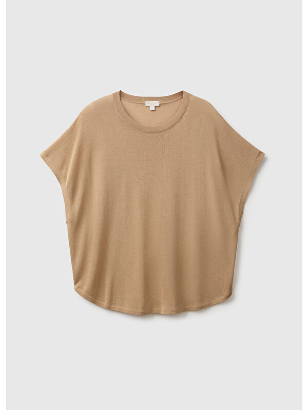 United Colors Of Benetton Kadın Bej Viskoz Karışımlı Oversize Kısa Kollu Bisiklet Yaka Kazak