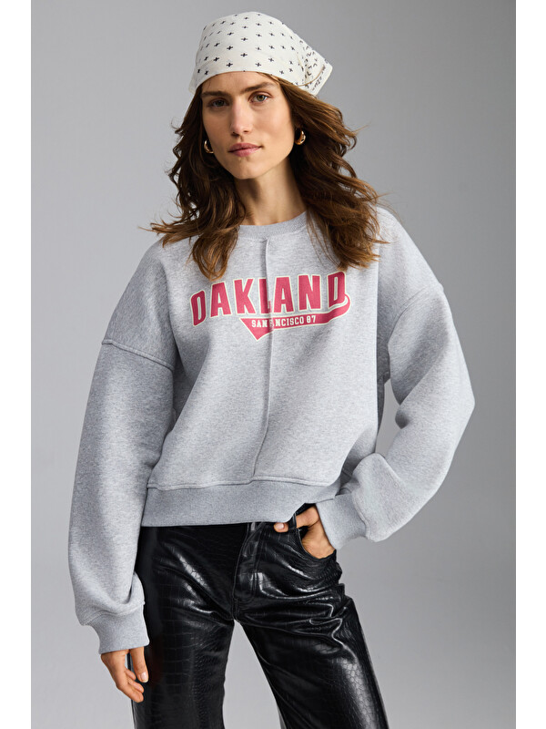 GRIMELANGE Daleska Kadın Organik Pamuklu Yumuşacık önü Kesikli Baskılı Yuvarlak Yaka GRİ MELANJ Sweatshirt