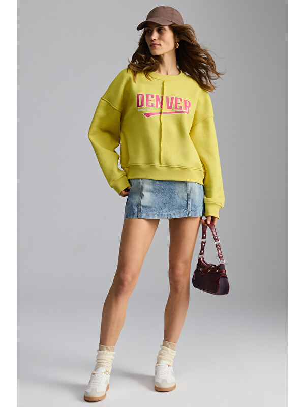 GRIMELANGE Daleska Kadın Organik Pamuklu Yumuşacık önü Kesikli Baskılı Yuvarlak Yaka YEŞİL Sweatshirt